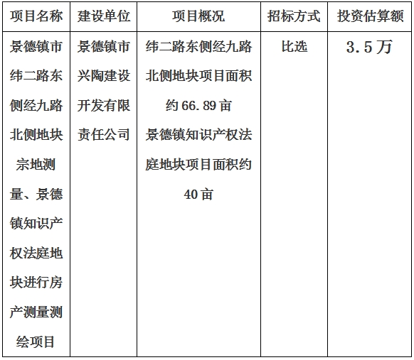 景德鎮(zhèn)市緯二路東側(cè)經(jīng)九路北側(cè)地塊宗地測量、景德鎮(zhèn)知識產(chǎn)權(quán)法庭地塊進行房產(chǎn)測量測繪項目計劃公告