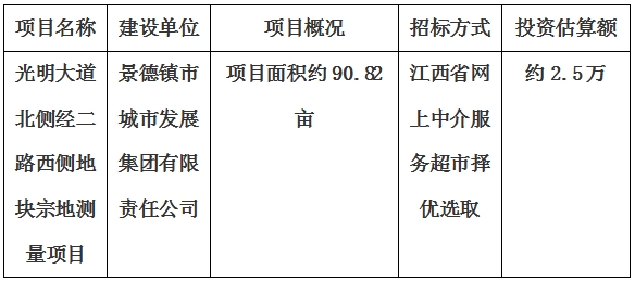 景德鎮(zhèn)市光明大道北側(cè)經(jīng)二路西側(cè)地塊宗地測量項(xiàng)目計劃公告